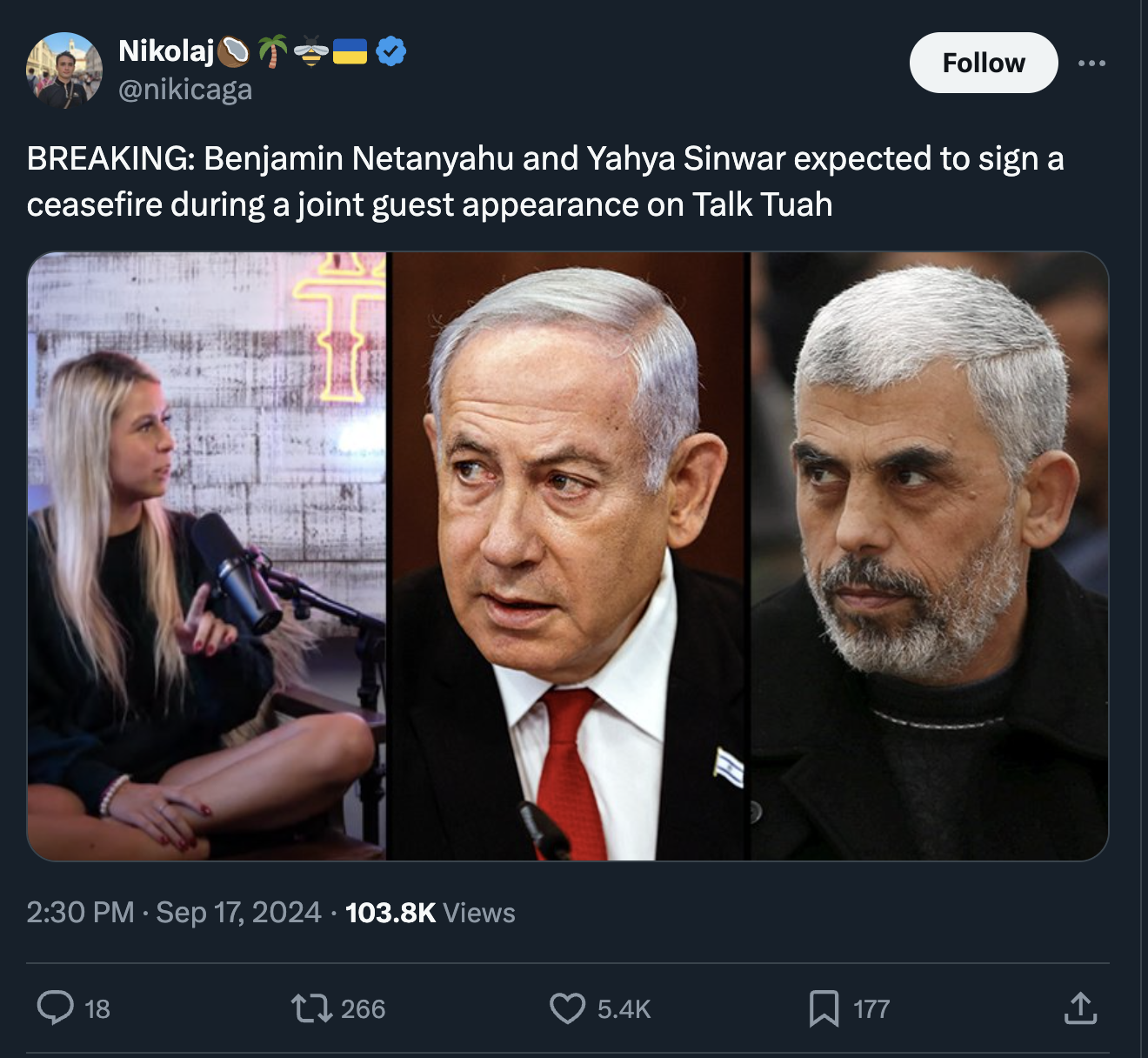 yahia al sinwar - Nikolaj Breaking Benjamin Netanyahu and Yahya Sinwar expected to sign a ceasefire during a joint guest appearance on Talk Tuah Views 18 1266 177